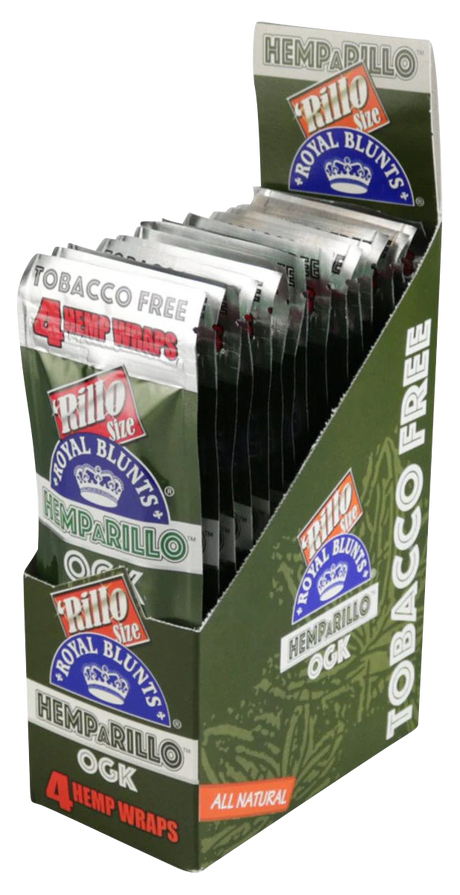 Royal Blunts Hemparillo Hemp Wraps 15 Pack, OG Kush flavor, displayed in an open box