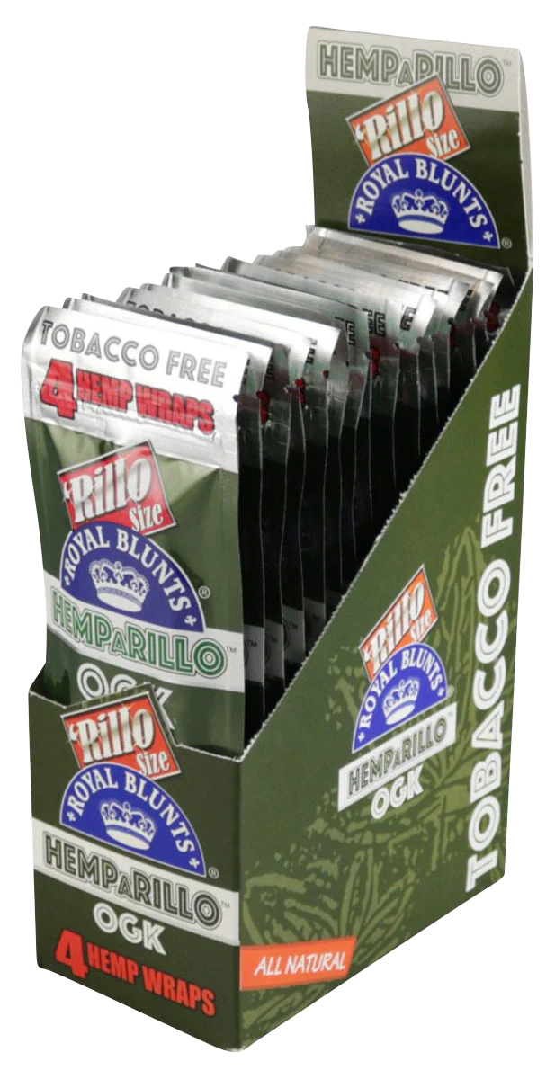 Royal Blunts Hemparillo Hemp Wraps 15 Pack, OG Kush flavor, displayed in an open box
