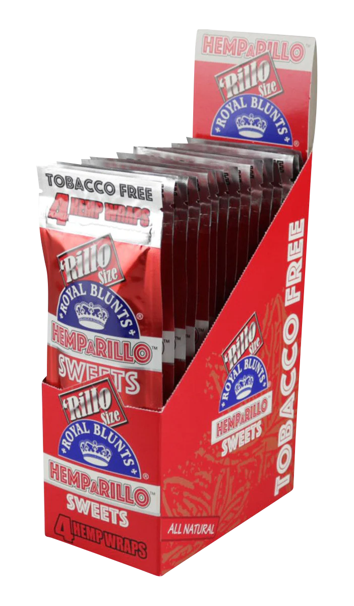 Royal Blunts Hemparillo Hemp Wraps in Sweet flavor, 15-pack display box, tobacco-free rolling papers