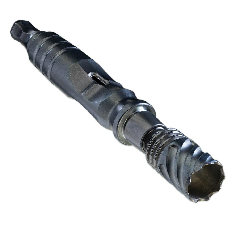 DynaVap HyperDyn shown lying on its side in a horizontal studio shot, highlighting the titanium stem and cap finish.