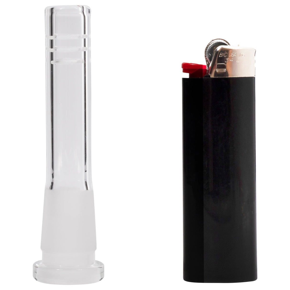 Rupert's Drop borosilicate glass low-pro diffused downstem next to lighter for scale