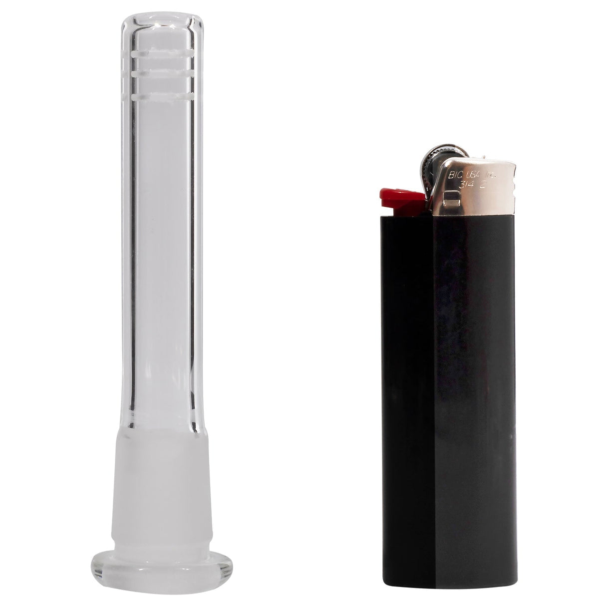 Rupert's Drop 14mm to 18mm Low-Pro Diffused Downstem beside lighter for scale