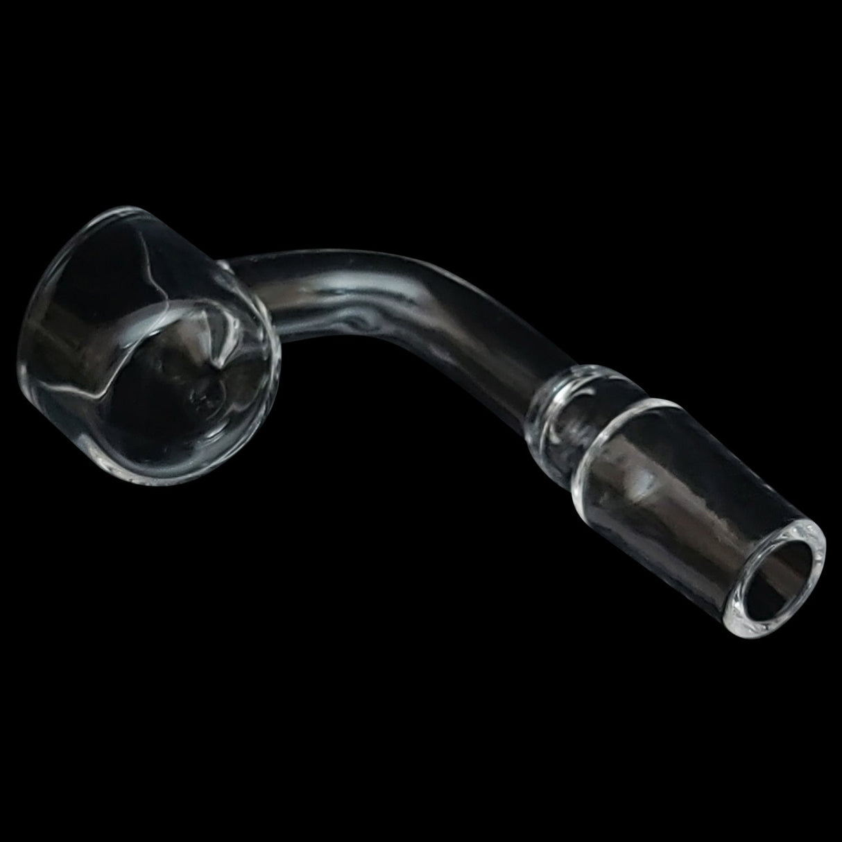 Rupert's Drop Quartz Banger with angled top for dab rigs, clear, side view on black background