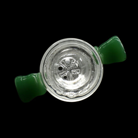 Rupert's Drop Honeycomb Cylinder Bowl with green handles for easy grip, top view on black background