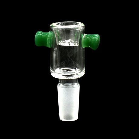 Rupert's Drop Honeycomb Cylinder Bowl with green handles, 14mm male joint, front view on black background