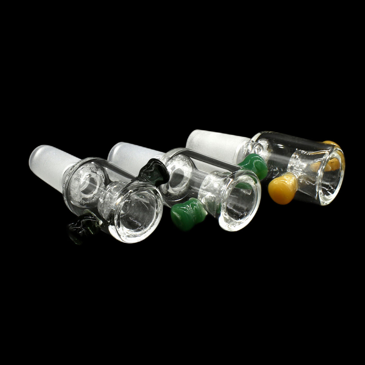 Rupert's Drop Honeycomb Cylinder Bowls with Handles in Green, Caramel, Black variants on black background