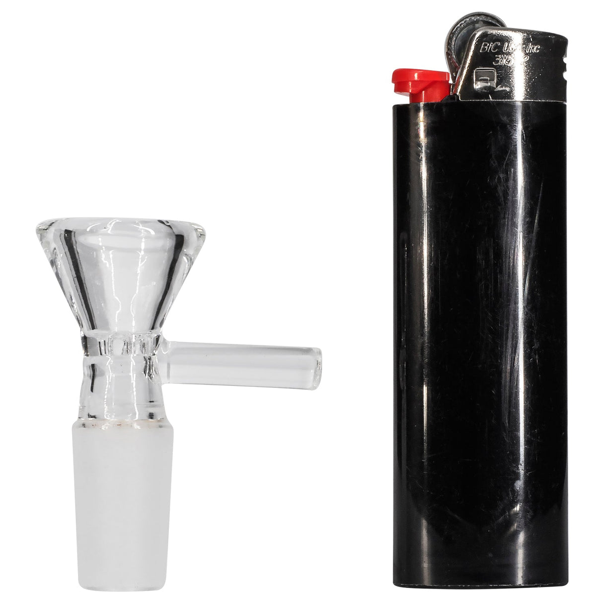 Rupert's Drop Honeycomb Funnel Bowl with Handle next to a lighter, clear glass, side view