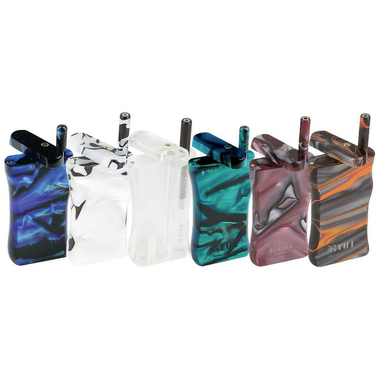 RYOT Large Acrylic Taster Boxes in various colors with matching tasters, front view