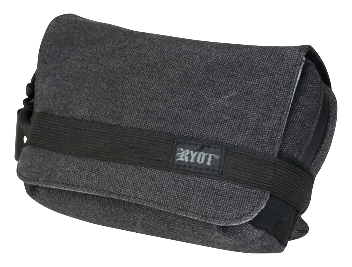 RYOT Piper SmellSafe Case in gray, 8"x5" size, angled view with visible logo