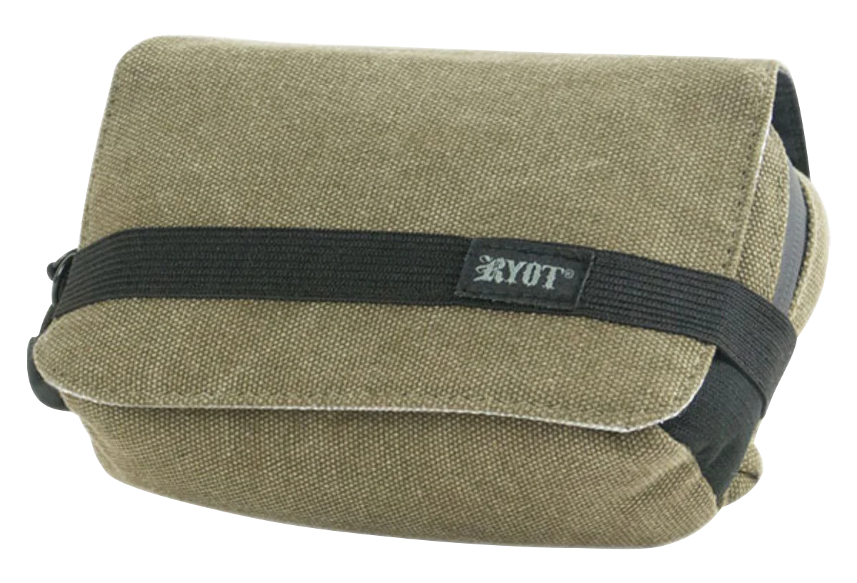 RYOT Piper SmellSafe Case in natural color, 8"x5" size, angled view with secure strap