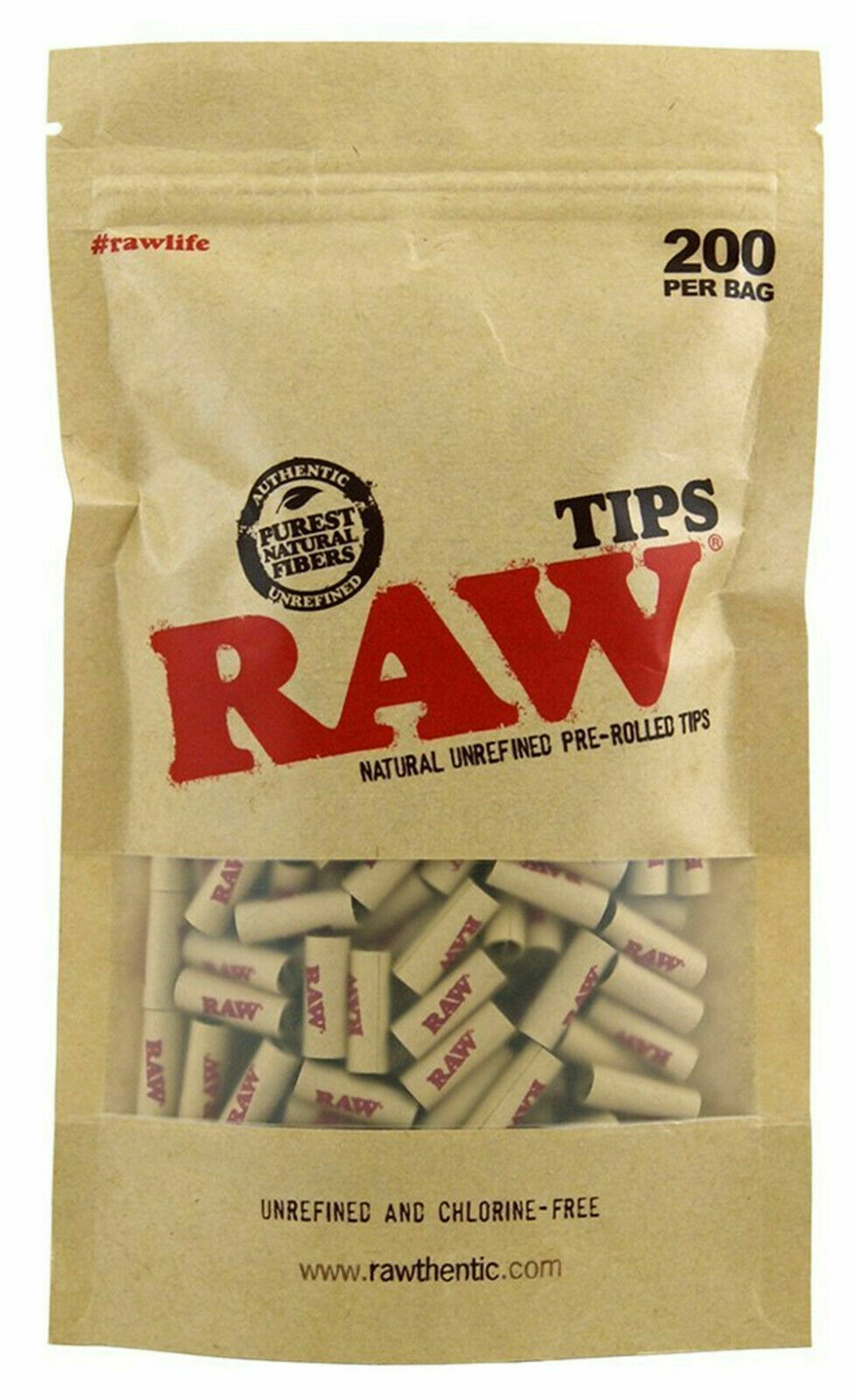 Front view of RAW Natural Pre-Rolled Tips 200 Count Pack for rolling accessories
