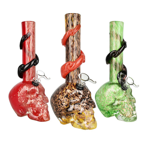 Assorted colors Sacred Skull Soft Glass Water Pipes with bubble design, 10.5" tall, front view