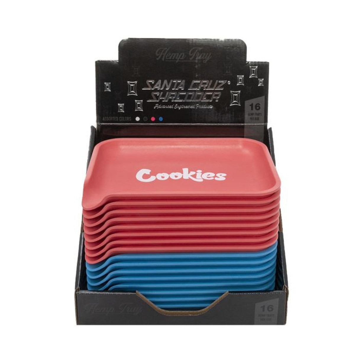 Santa Cruz Shredder Hemp Rolling Trays in red and blue, compact and biodegradable, front view display of 16