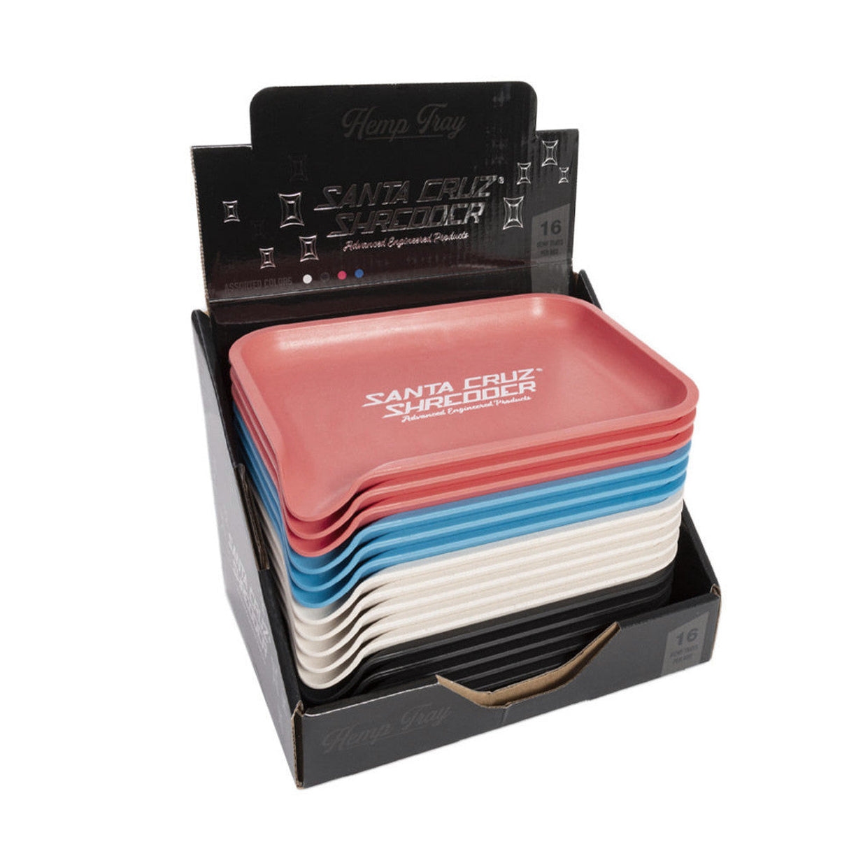 Santa Cruz Shredder Hemp Rolling Trays in Assorted Colors Displayed in Box, Eco-Friendly