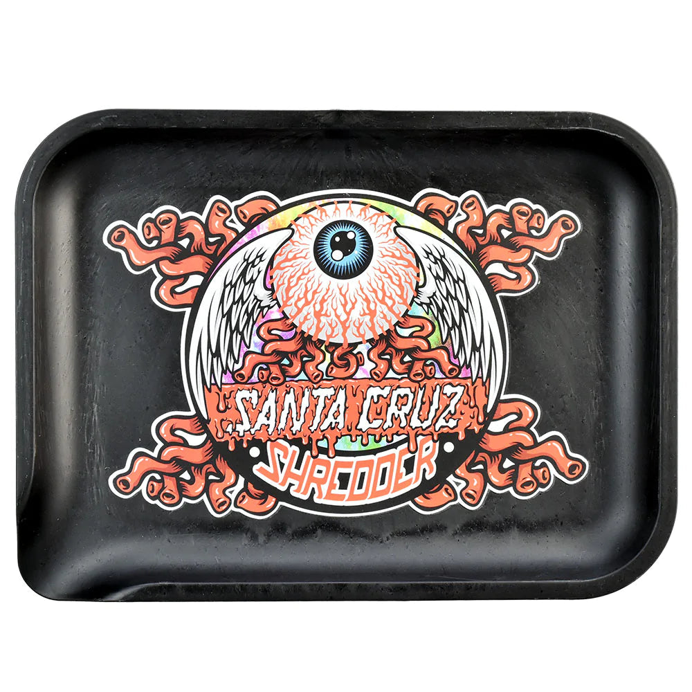 Santa Cruz Shredder Hemp Tray with Flying Eye Ball design, compact and portable, top view