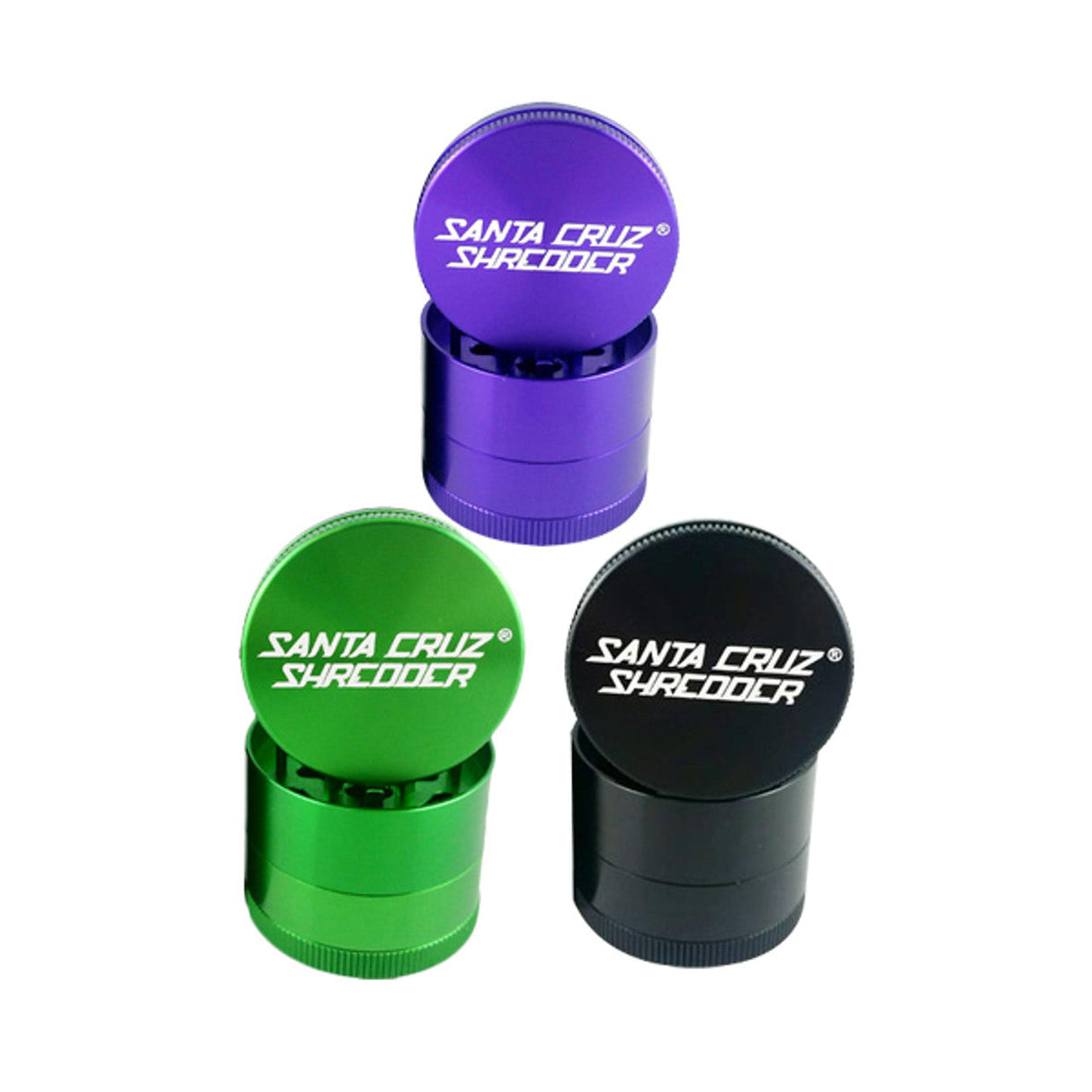Santa Cruz Shredder Medium 3 Piece Grinders in Black, Green, Purple, Top View