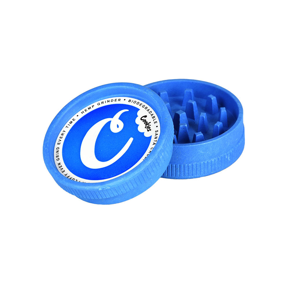 Santa Cruz Shredder x Cookies Hemp 2-Part Grinder in Blue, Open View, Portable and Durable
