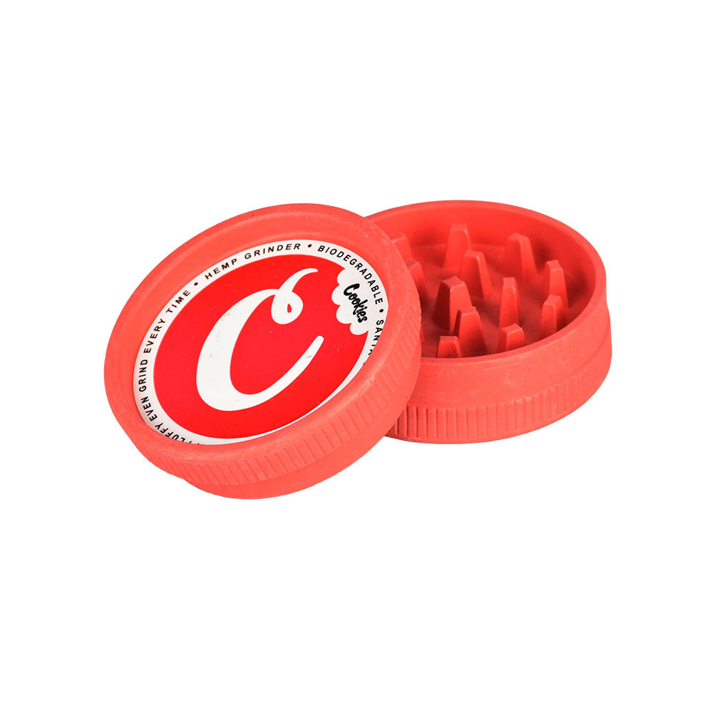 Santa Cruz Shredder x Cookies Hemp 2-Part Grinder in Red, Open View, Portable Design