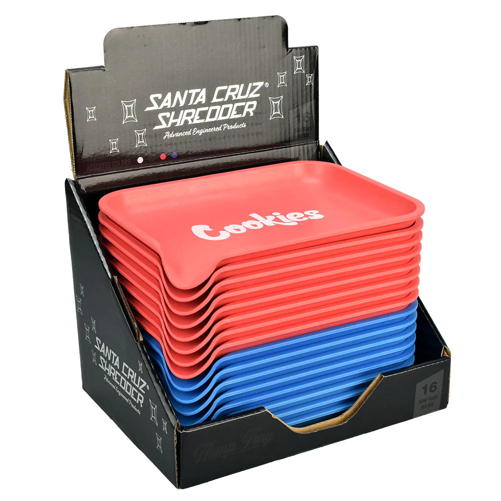 Santa Cruz Shredder x Cookies Hemp Tray Pack, 16 colorful rolling trays displayed in box