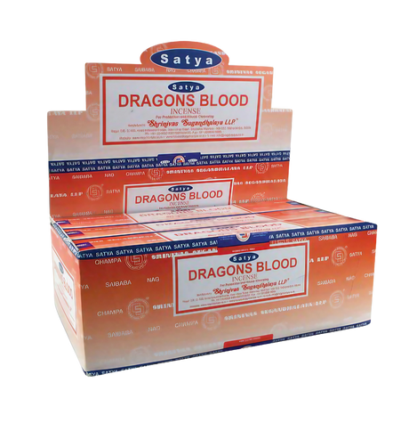 Satya Dragons Blood Incense Sticks 12pk, front view on white background, compact design