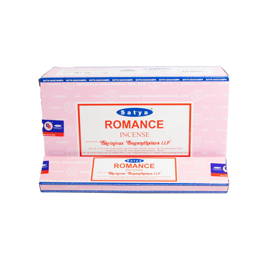 Satya Romance Incense Sticks 12pk, vibrant pink box front view, for aromatic home decor