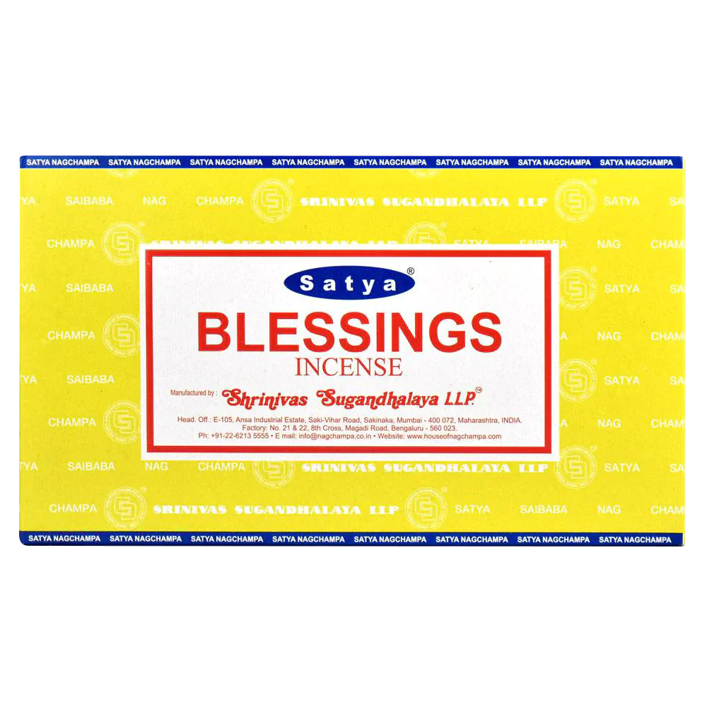 Satya Blessings Incense Sticks 12-pack front view on vibrant yellow background