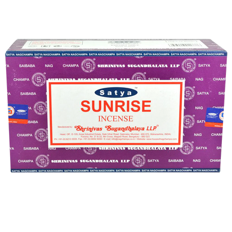 Satya Sunrise Incense Sticks 12pk, vibrant packaging with Indian origin, compact and portable