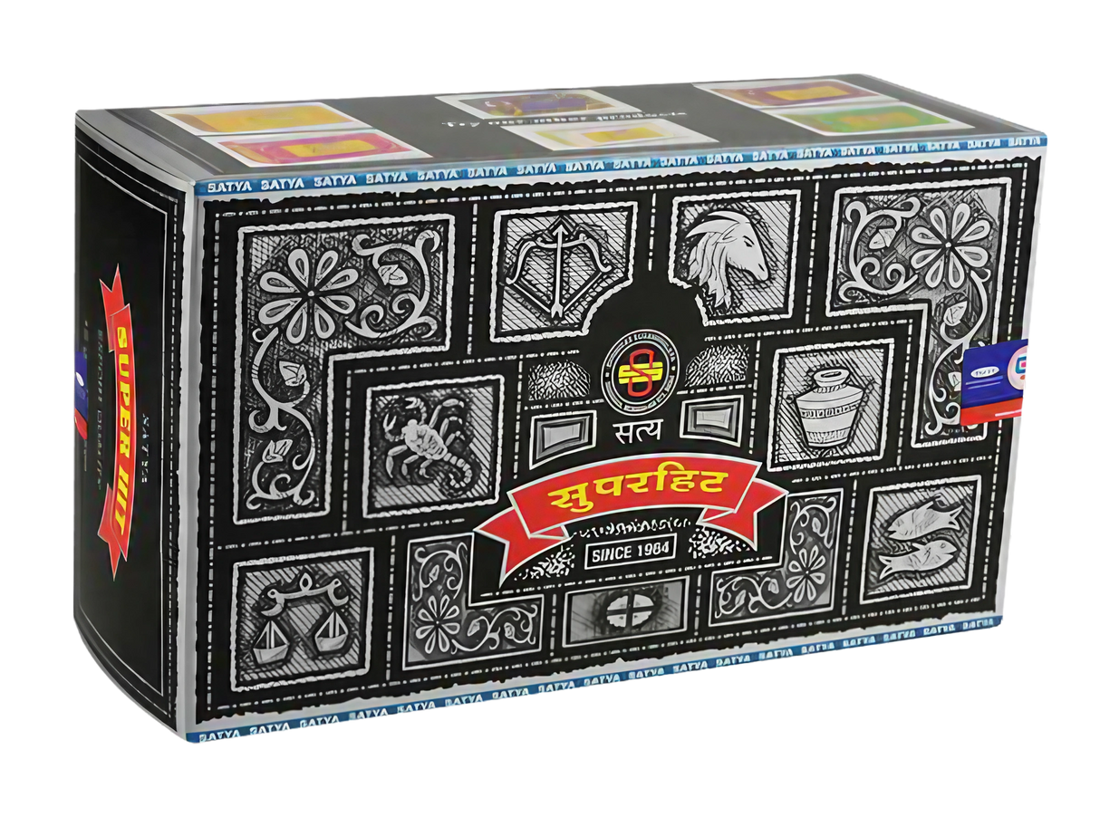 Satya Super Hit 15g Incense Sticks 12pk, vibrant packaging, angled front view