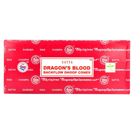 Satya Dragon's Blood Backflow Incense Cones 144 Pack - Front View on Seamless White