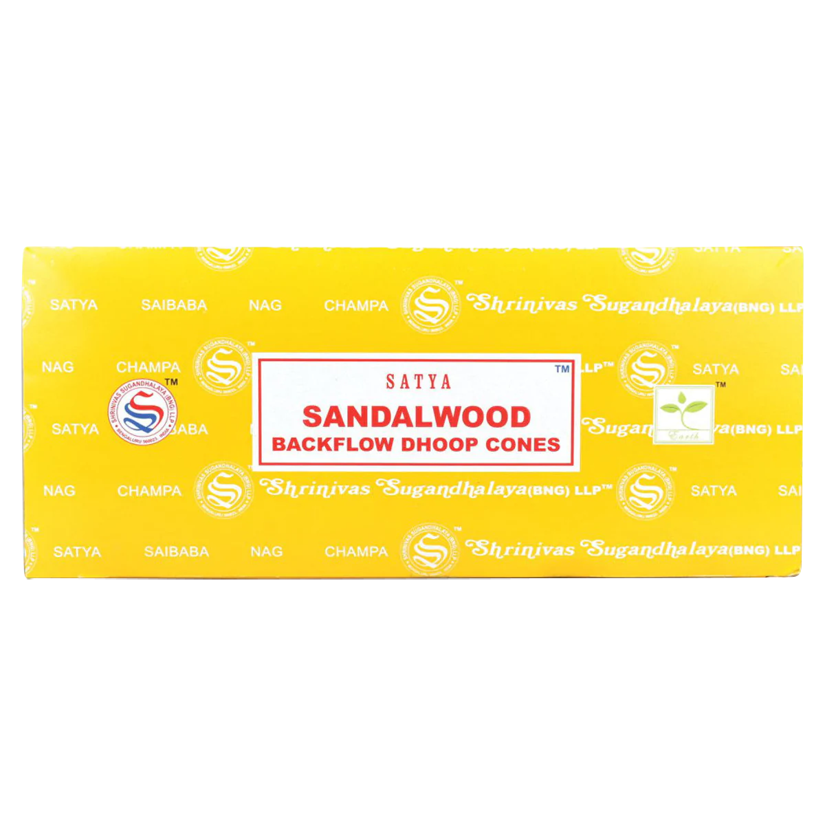 Satya Sandalwood Backflow Incense Cones Bulk Pack front view on a seamless white background