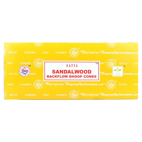 Satya Sandalwood Backflow Incense Cones Bulk Pack front view on a seamless white background