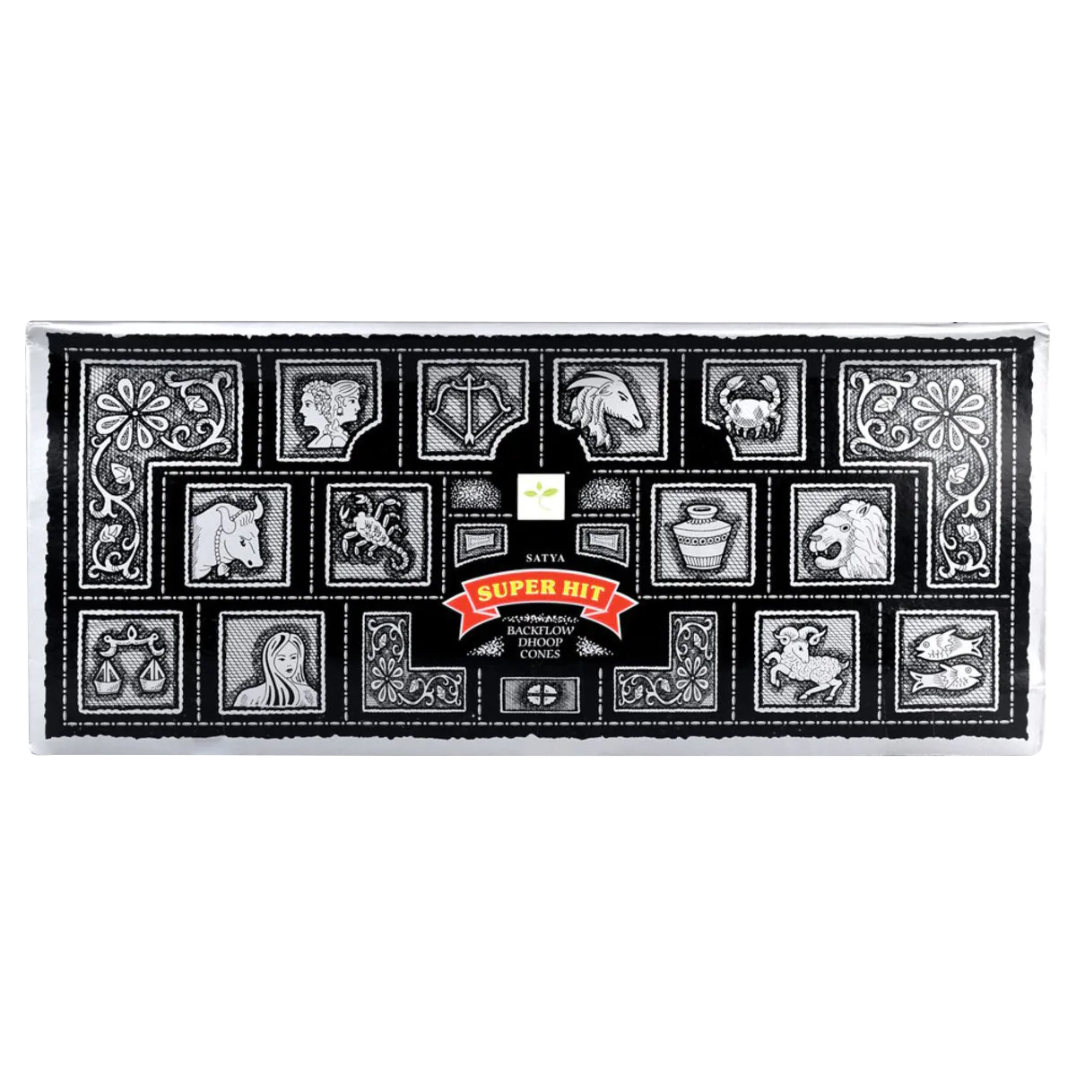 Satya Super Hit Backflow Incense Cones, 144 Bulk Pack, displayed on black background