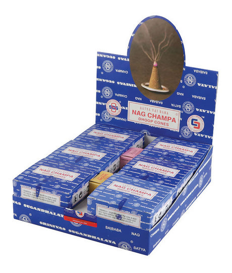 Satya Nag Champa Incense Cones 12 Pack on display, compact and portable design from India