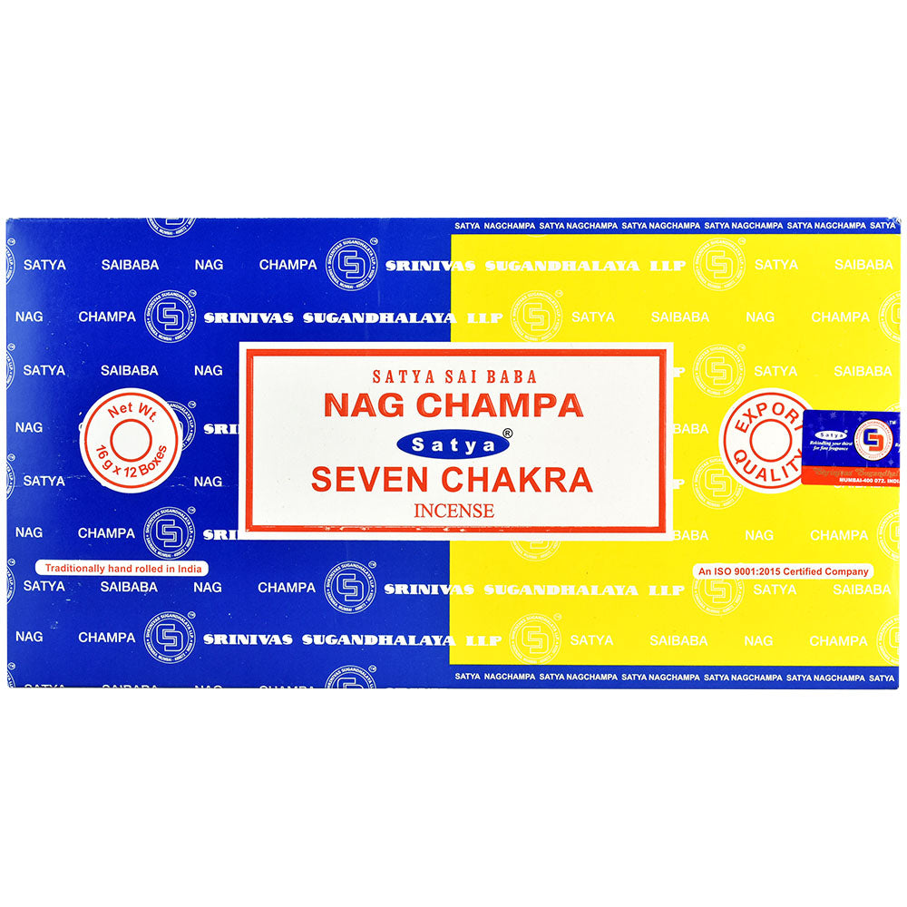 Satya Sai Baba Nag Champa Seven Chakra Incense Combo Pack front view on colorful background