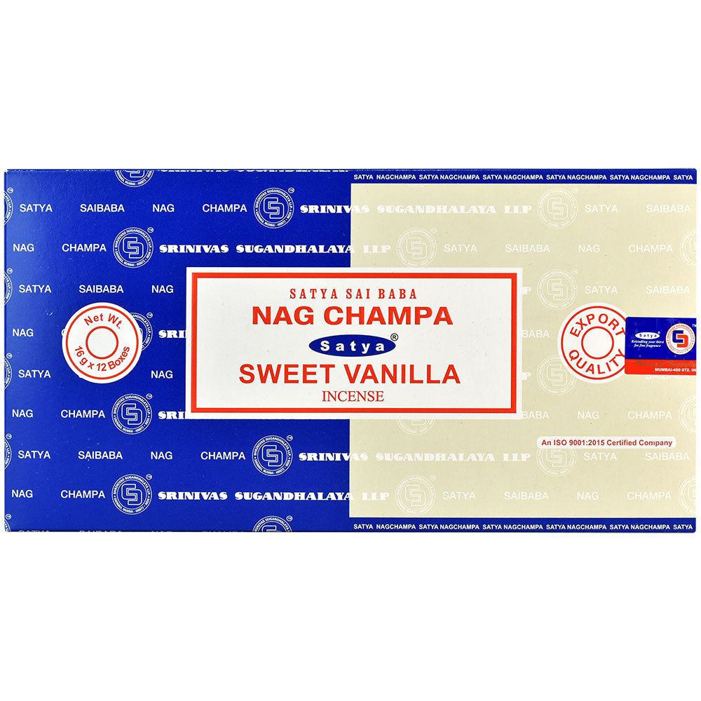 Satya Nag Champa Sweet Vanilla Incense Combo Pack, 12 blue and tan boxes from India