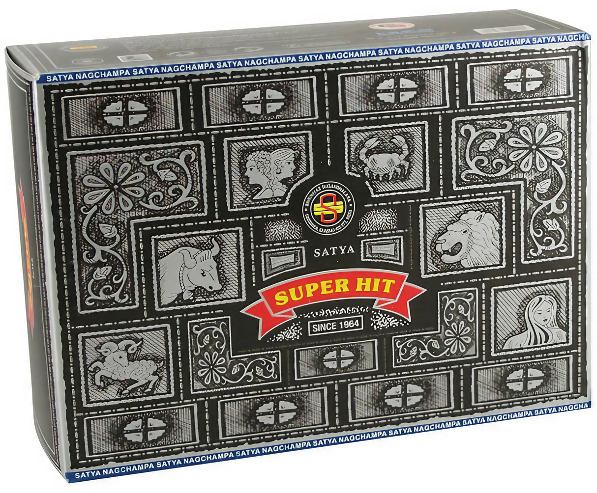 Satya Super Hit Incense Sticks 12 Pack, front view on seamless white background