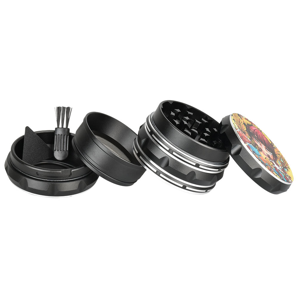 Sean Dietrich 4pc Mushroom Red Metal Grinder, Compact Design with Scraper, Top View