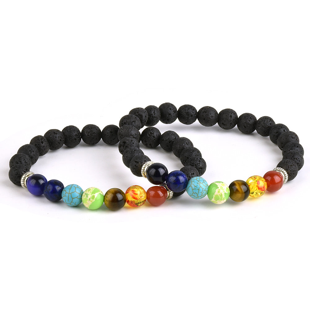 Chakra Power Bracelet with Semi-precious & Lava Stone Beads, Front View on White Background