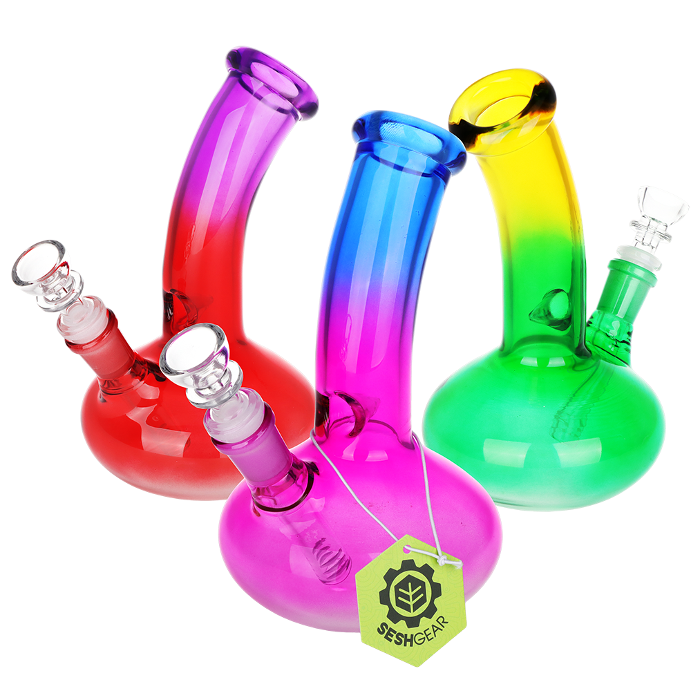 SeshGear Bent Neck Ombre 8 inch glass bong 3 pack in borosilicate glass with a squashed bubble base