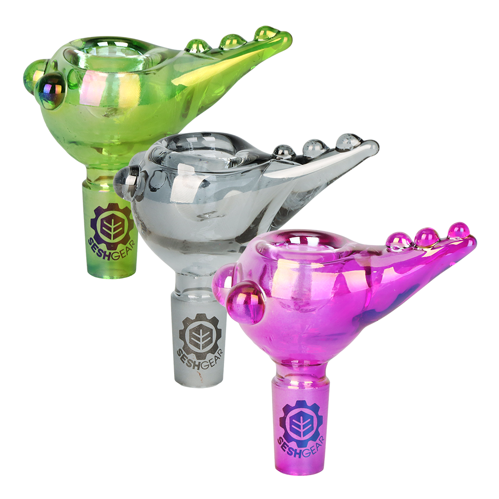 Nine SeshGear herb slides in pink, smoke, and green with bubble style bowls and pulled handles