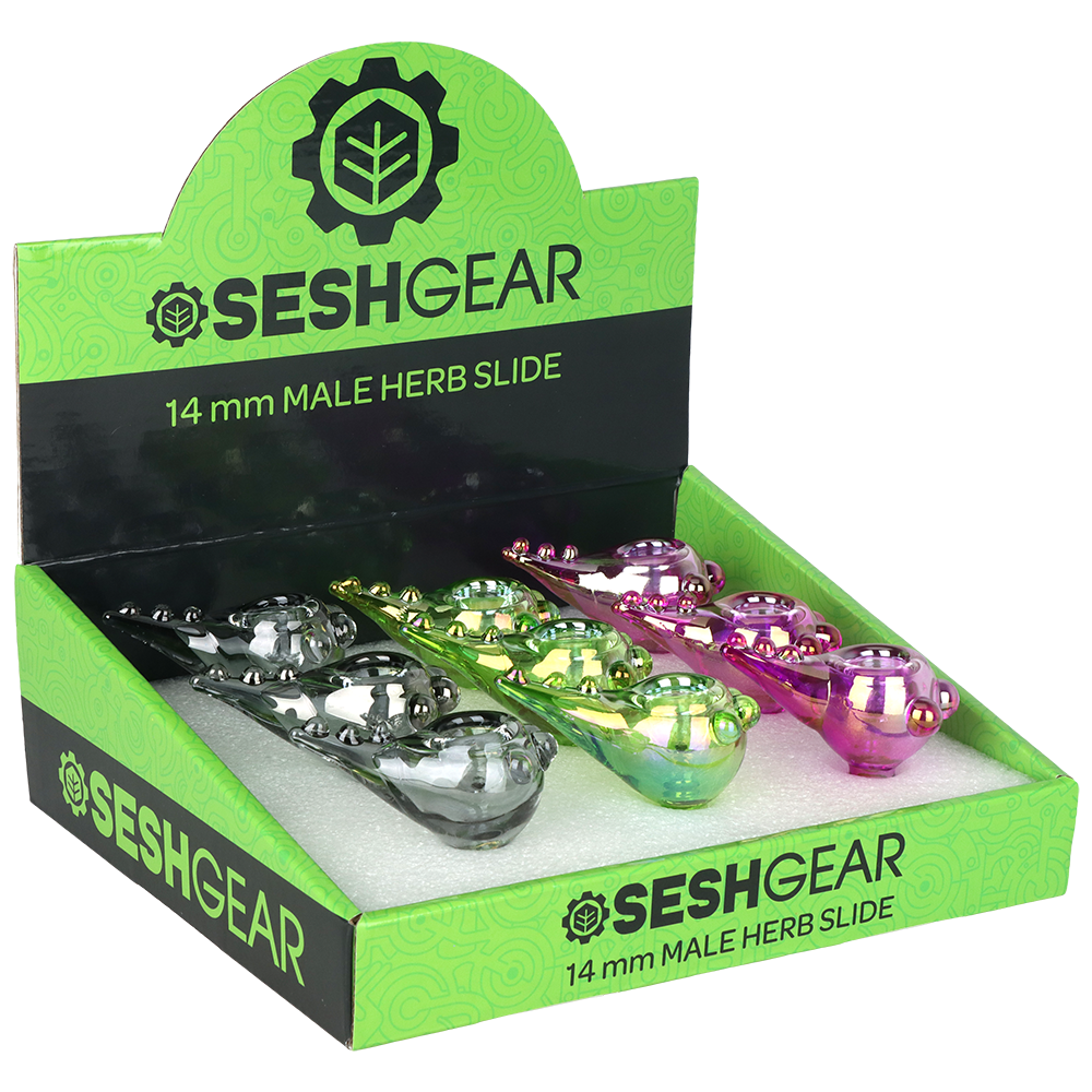 Colorful chromatic glass herb slides from SeshGear, 9 count assortment for retail or spare bowls