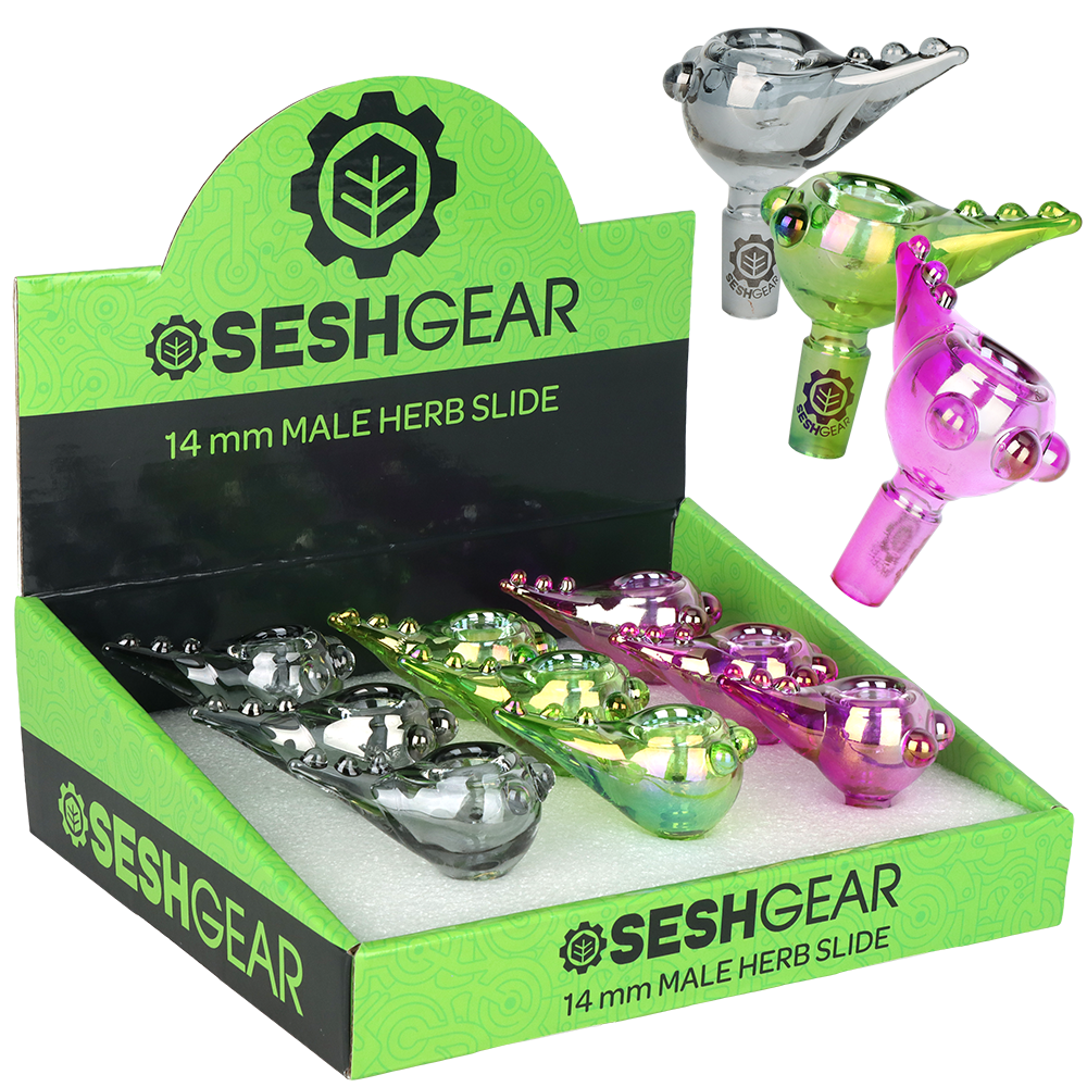 SeshGear Chromatic 14mm male herb slide 9 pack, borosilicate glass with an iridescent finish