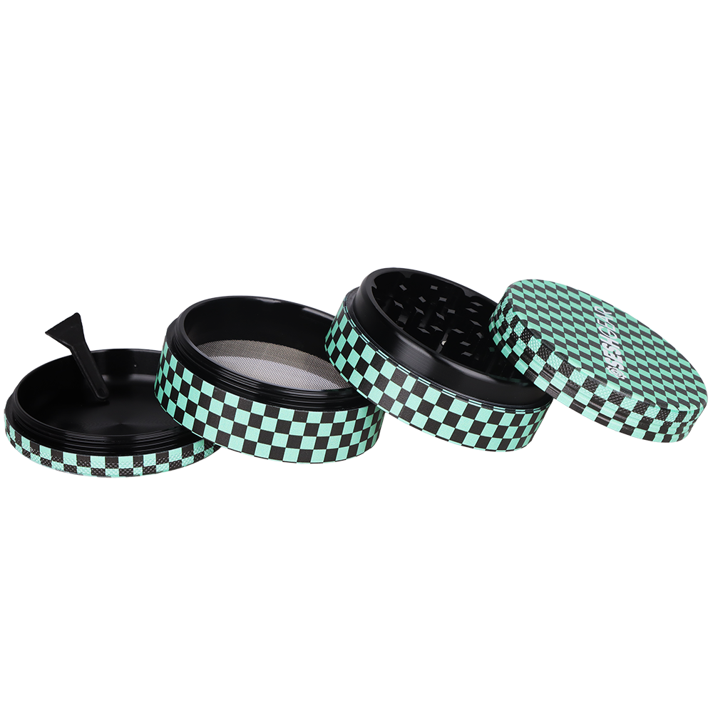SeshGear Kimono grinder in a green checkers pattern, 2.5 inch aluminum body with 4 separate pieces