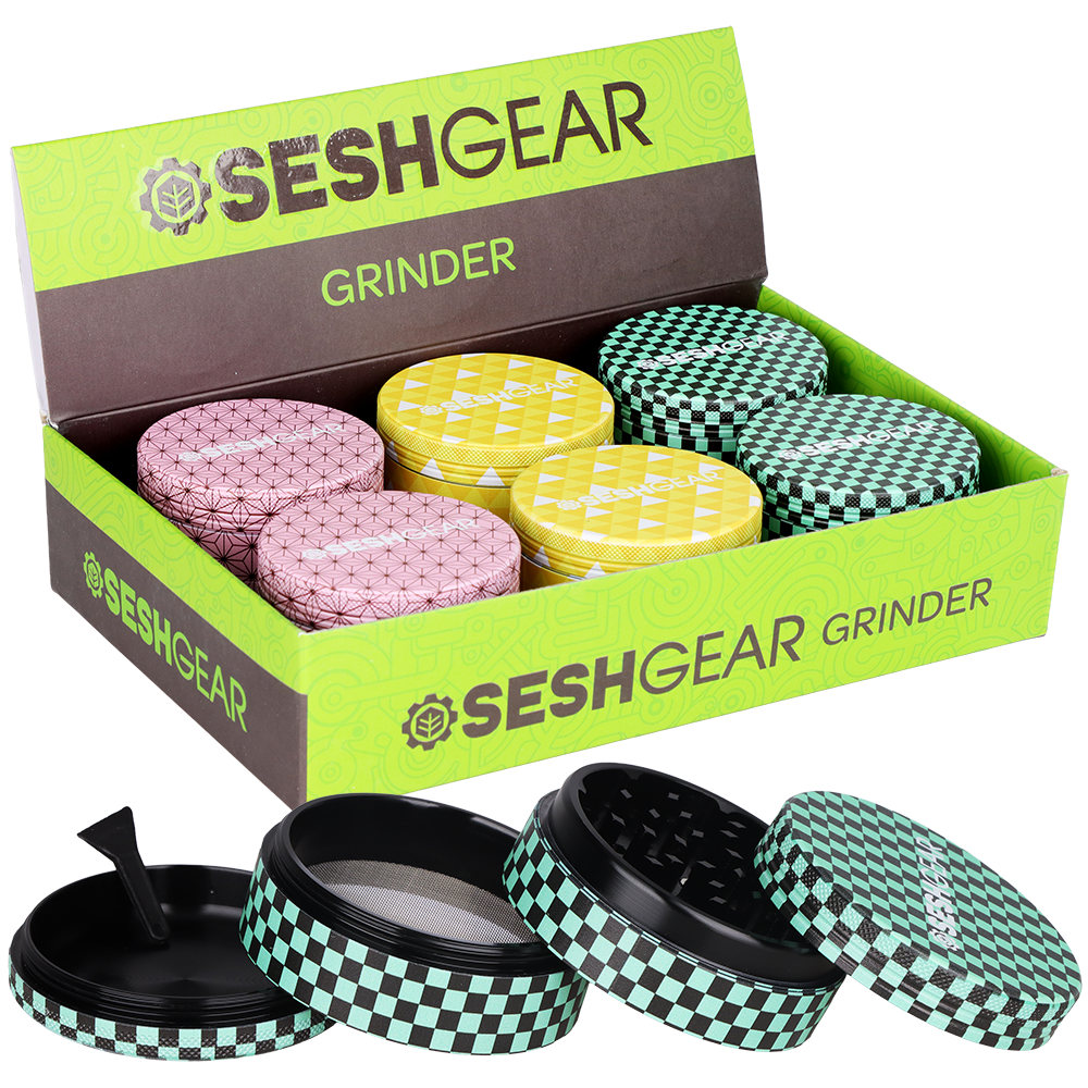 SeshGear Kimono 2.5 inch 4-piece aluminum herb grinder sold as a 6-pack display of printed patterns