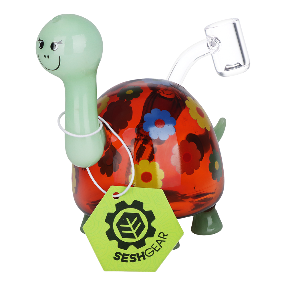 SeshGear Hippy Turtle 5 inch glass dab rig in amber borosilicate glass with flower decals on the shell