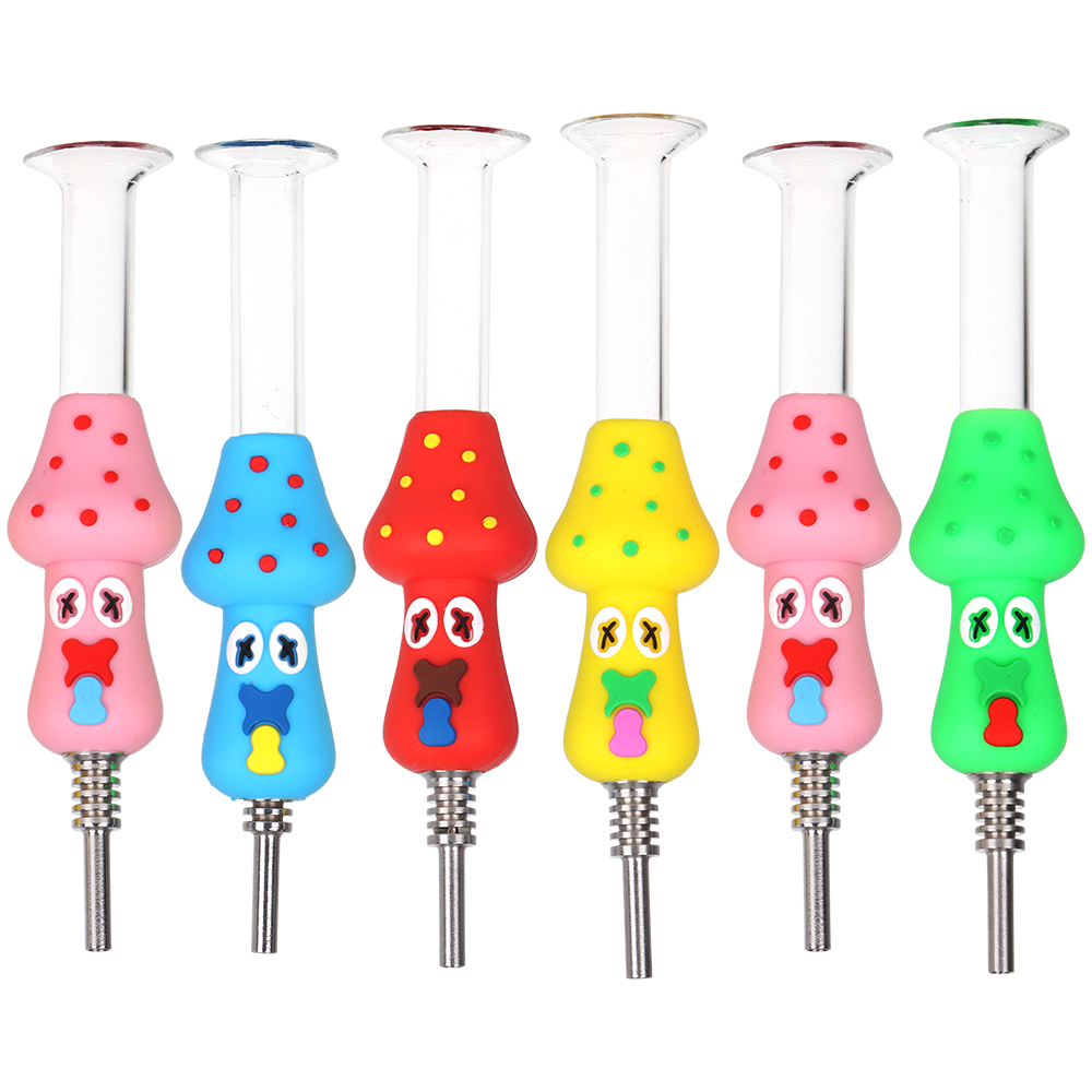 SeshGear Shocked Shrooms 5 inch silicone dab straw 6 pack with mushroom shape and surprised face