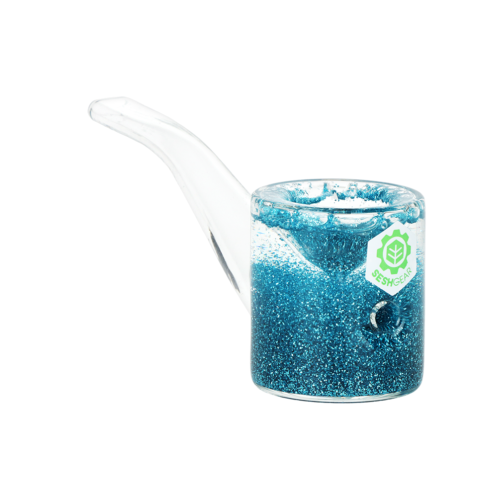 Freezable glycerin glass hand pipe with glitter fill, 5 inches long, from SeshGear for dry herb