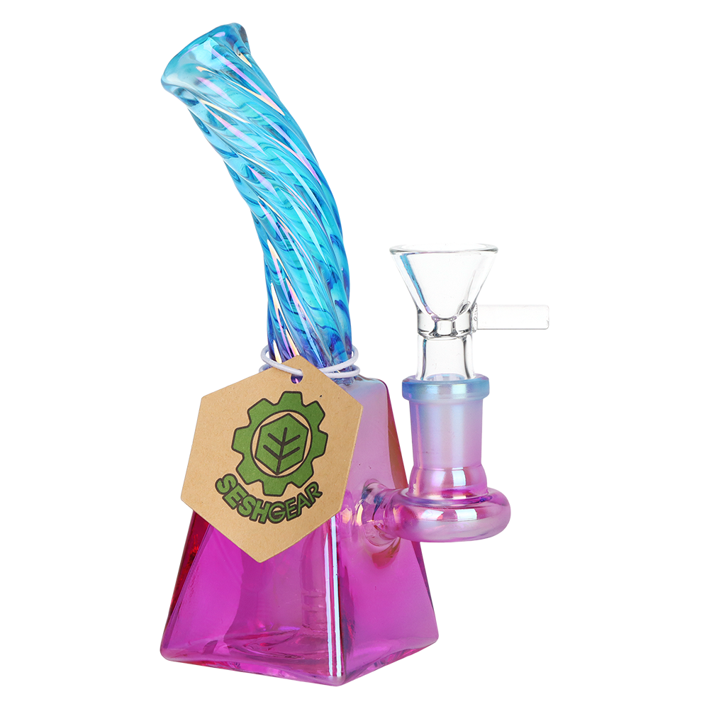 SeshGear 5.75 inch borosilicate water pipe with a squared prism base and a bent twisted neck