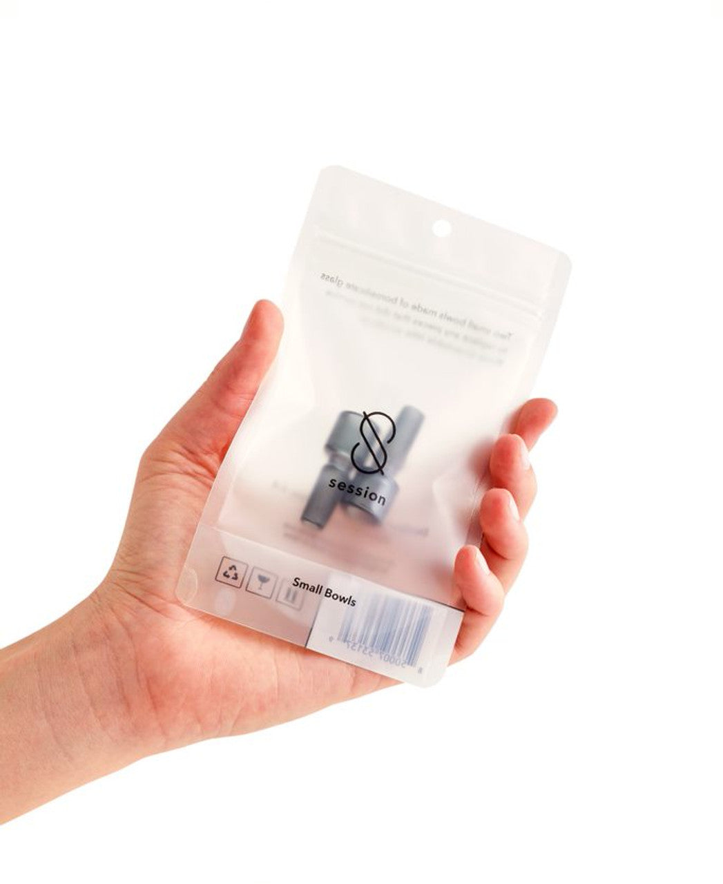 Hand holding Session Goods Small Bowl Water Pipe Replacement 2-pack, compact borosilicate glass design