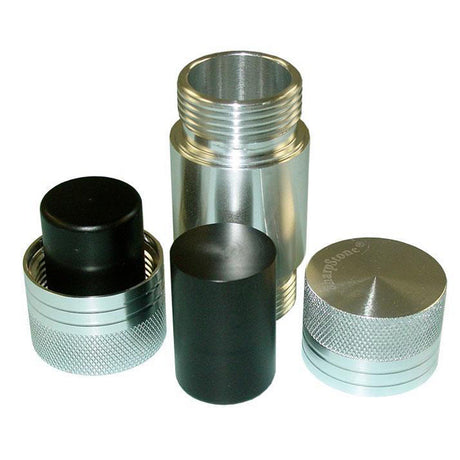 Sharpstone silver aluminum pollen press, portable design, disassembled view showing all components